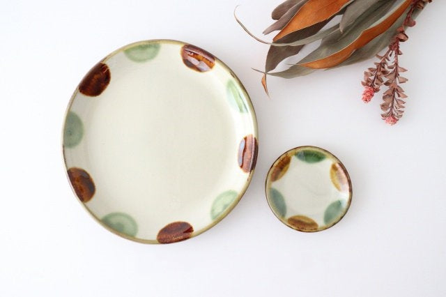 Toshin Kiln Round Plate Brown and Green Dots 21cm/8.3in | Tsuboya Ware  Yachimun-Detail13