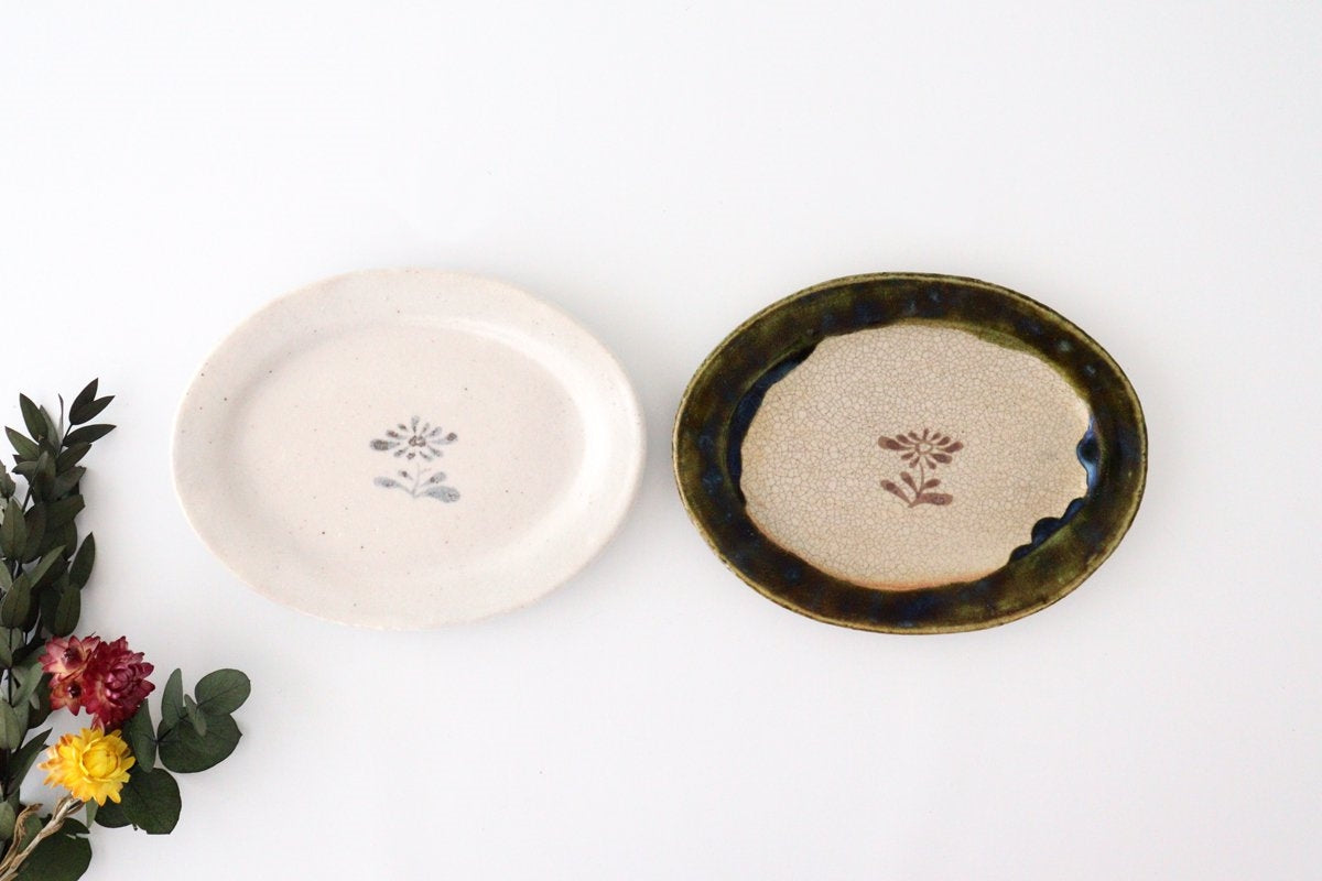 Kitagama Kasen Kato Hiroshige Oval Plate White Small Flower | Seto Ware