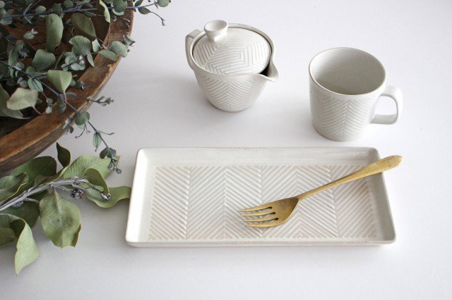 Long square plate herringbone white pottery ORIME Hasami ware
