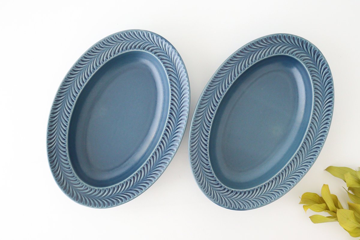 Oval plate denim pottery rosemary Hasami ware