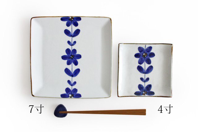 21cm/8.3in Square Plate Hand Painted Blue Flower Porcelain Hasami Ware