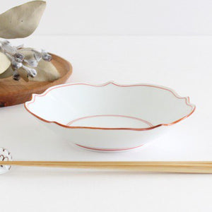 Shallow bowl, sinew red, porcelain, Fuchiasobi, Hasami ware