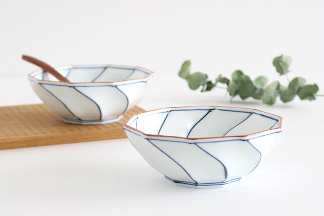 Decagonal Small Bowl Blue Line | Kobachi Hasami Ware