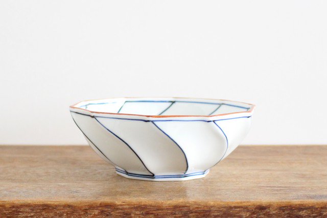 Decagonal Small Bowl Blue Line | Kobachi Hasami Ware