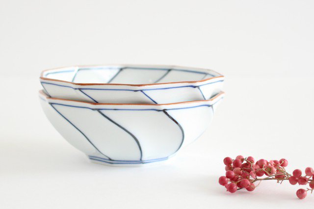 Decagonal Small Bowl Blue Line | Kobachi Hasami Ware