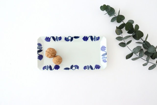 Long square plate, Gosuha glaze, flower, blue porcelain, Hasami ware