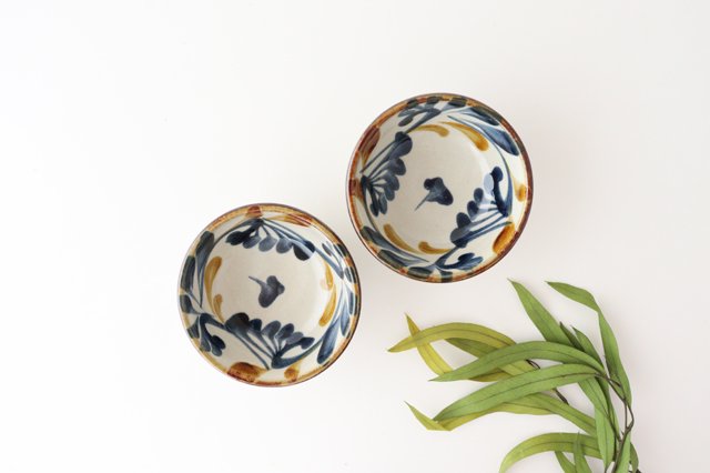 Toshin Kiln Small Bowl Blue and Brown Arabesque 9cm/3.5in | Kobachi Tsuboya Ware Yachimun