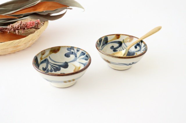 Toshin Kiln Small Bowl Blue and Brown Arabesque 9cm/3.5in | Kobachi Tsuboya Ware Yachimun