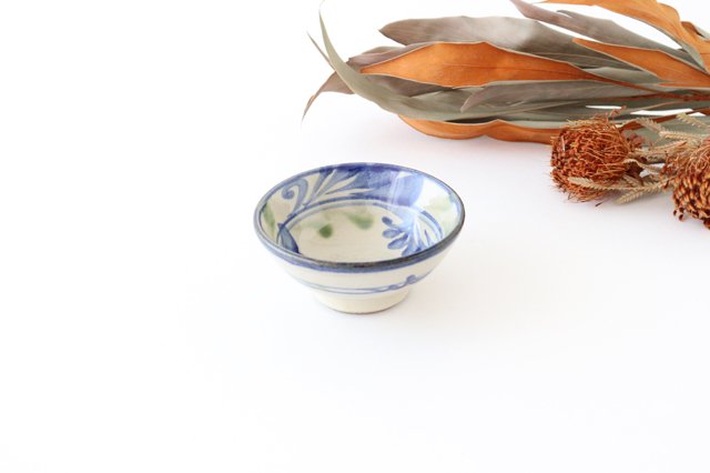 Toshin Kiln Small Bowl Blue and Green Arabesque 9cm/3.5in | Kobachi Tsuboya Ware Yachimun