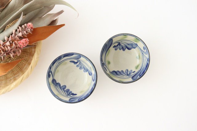 Toshin Kiln Small Bowl Blue and Green Arabesque 9cm/3.5in | Kobachi Tsuboya Ware Yachimun