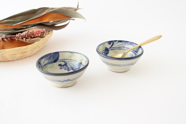 Toshin Kiln Small Bowl Blue and Green Arabesque 9cm/3.5in | Kobachi Tsuboya Ware Yachimun