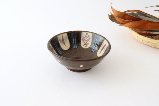 15cm/5.9in Bowl, Red Painted Brush Grain, Pottery, Tsuboya Ware, Toshin Kiln, Yachimun