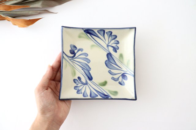 Toshin Kiln Square Plate Arabesque Blue | Sushi Plae Tsuboya Ware Yachimun