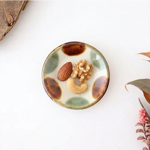 Toshin Kiln Small Round Plate Brown and Green Dots 9cm/3.5in | Tsuboya Ware Yachimun