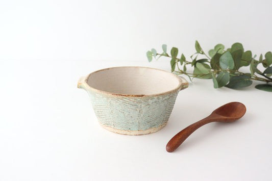 Bowl with tab green pottery Masaki Domoto Shigaraki ware