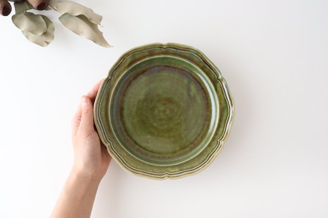 Green glaze flower rim plate pottery Yuya Ishida