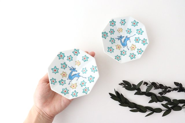 Octagonal hand salt plate Deer and maple pattern Porcelain Arita ware