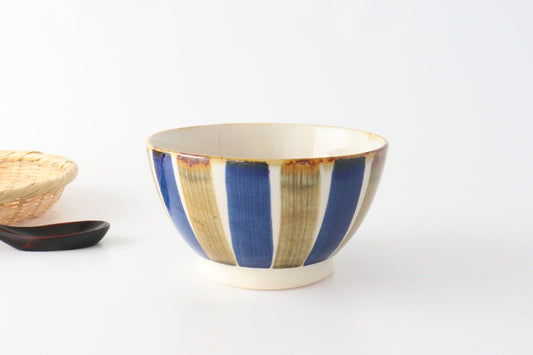 Bowl, bicolor striped pottery, blue indigo, Hasami ware