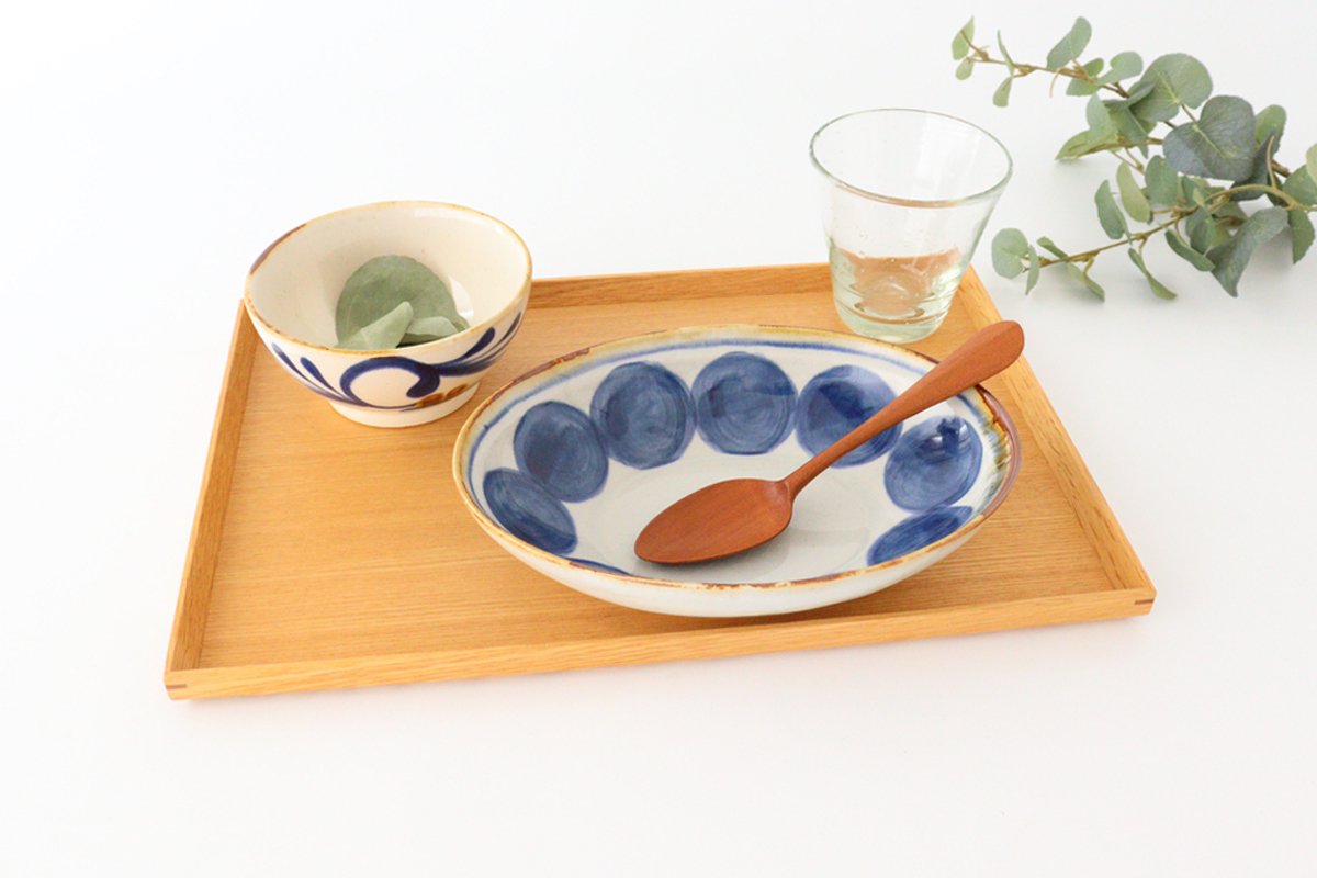 Oval bowl round row pottery blue indigo Hasami ware