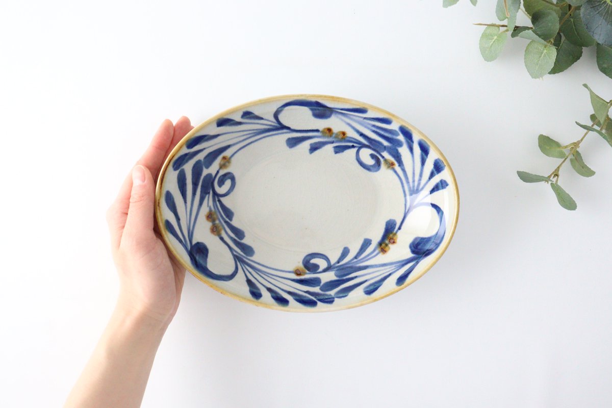 Oval Bowl Blue Arabesque | Serving Bowl Hasami Ware