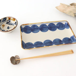 Long square plate, round row, pottery, blue indigo, Hasami ware