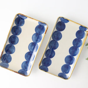 Long square plate, round row, pottery, blue indigo, Hasami ware