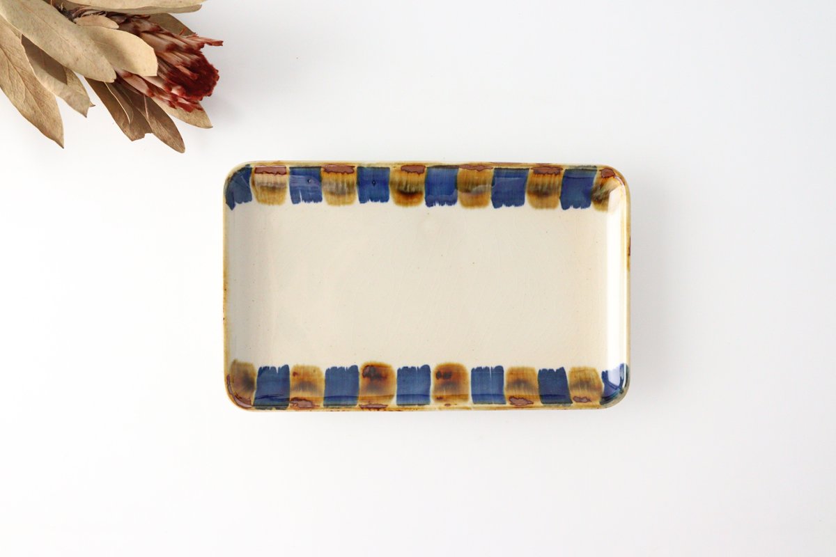 Long square plate, two-color striped pottery, blue indigo, Hasami ware