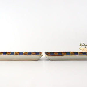 Long square plate, two-color striped pottery, blue indigo, Hasami ware