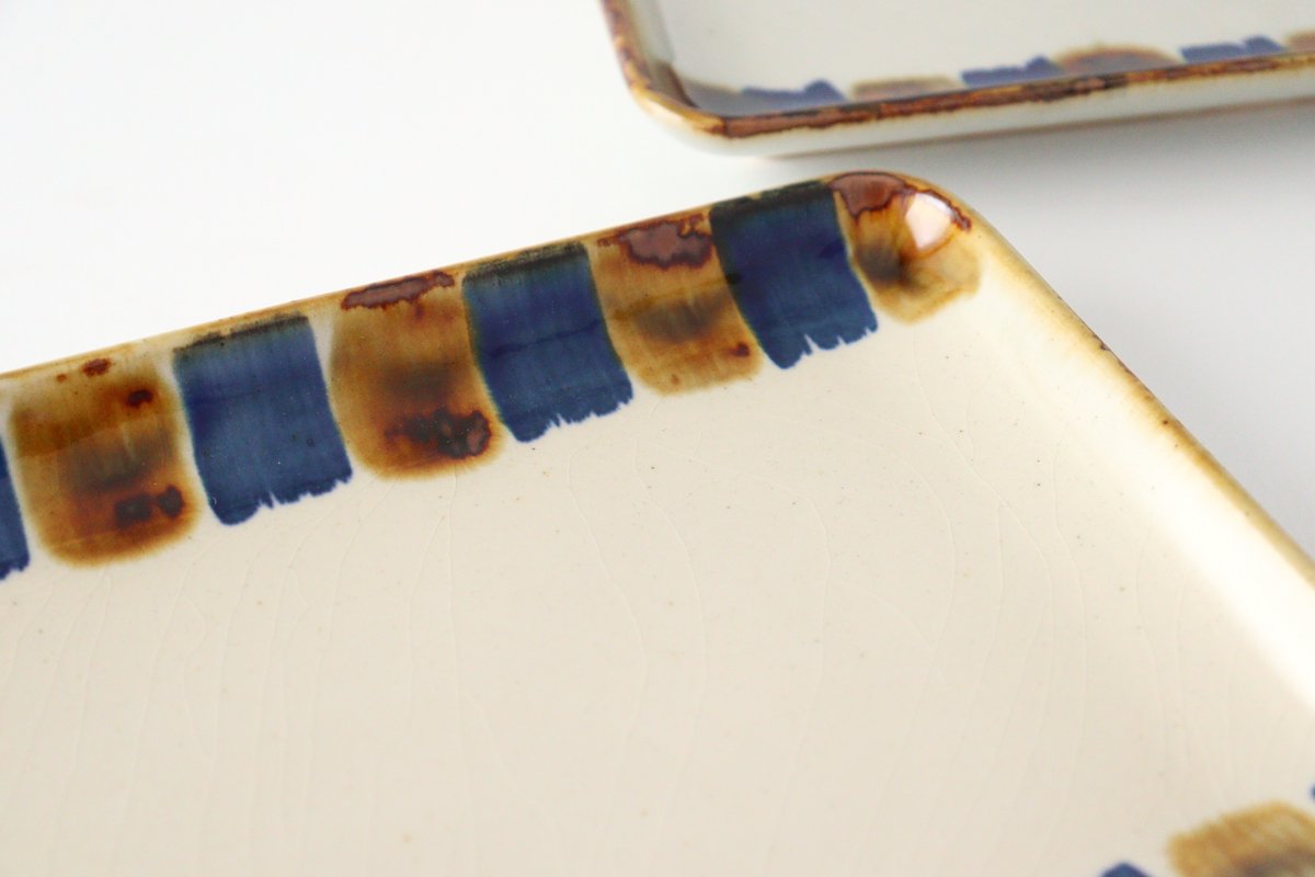 Long square plate, two-color striped pottery, blue indigo, Hasami ware
