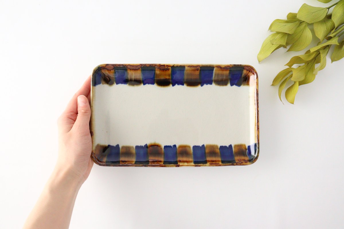 Long square plate, two-color striped pottery, blue indigo, Hasami ware