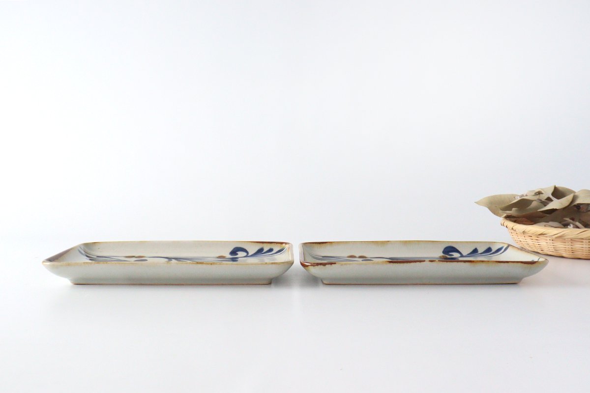 Long square plate, breeze arabesque, pottery, blue indigo, Hasami ware