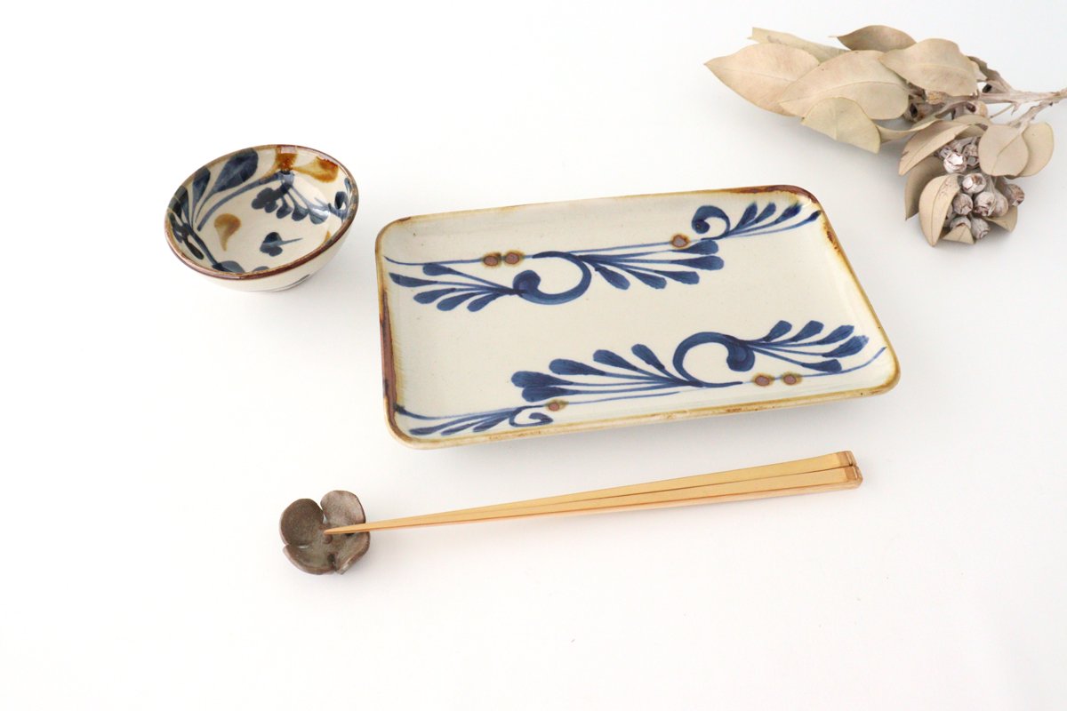Long square plate, breeze arabesque, pottery, blue indigo, Hasami ware