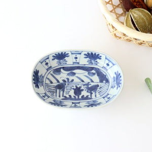 Oval plate, small Fuyo hand and twin deer illustration, porcelain, Arita ware