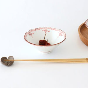 Small bellflower bowl, dyed, red porcelain, Fuchiasobi, Hasami ware