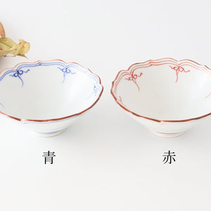 Small bellflower bowl, dyed, red porcelain, Fuchiasobi, Hasami ware