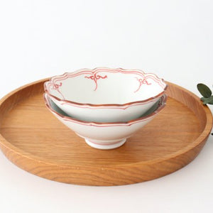 Small bellflower bowl, dyed, red porcelain, Fuchiasobi, Hasami ware