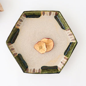 Oribe hexagon 24cm/9.4in flat plate pottery Kitagama Kasen Hiroshige Kato Seto ware