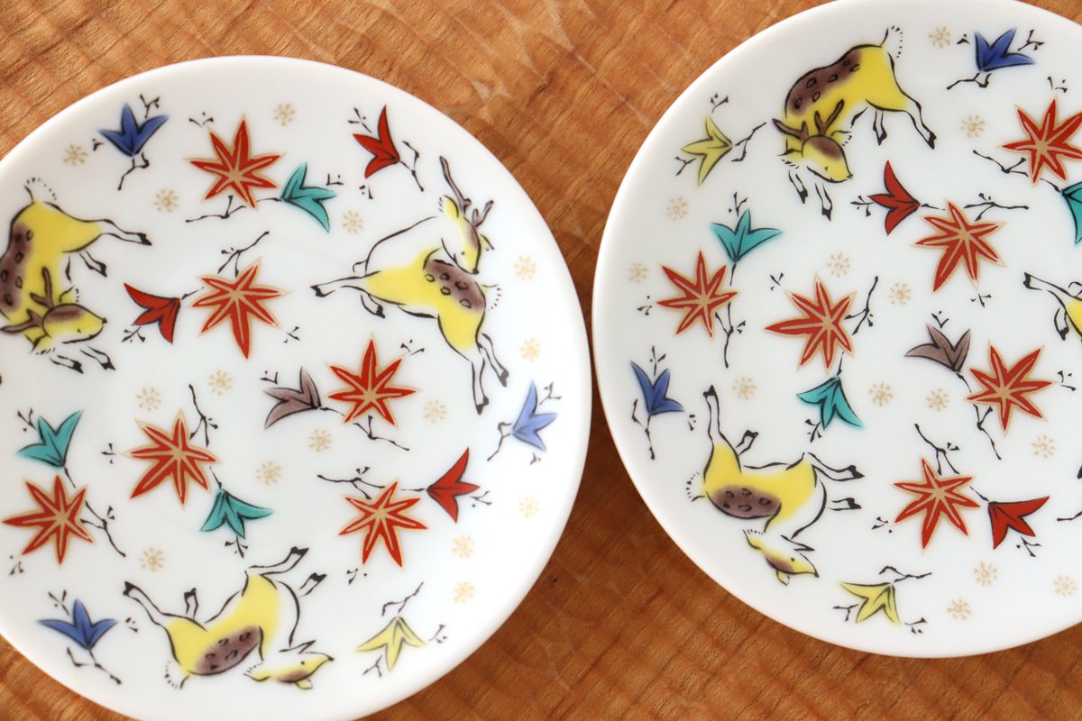 Seikou Kiln Sauce Plate Deer and Maple | Kutani Ware