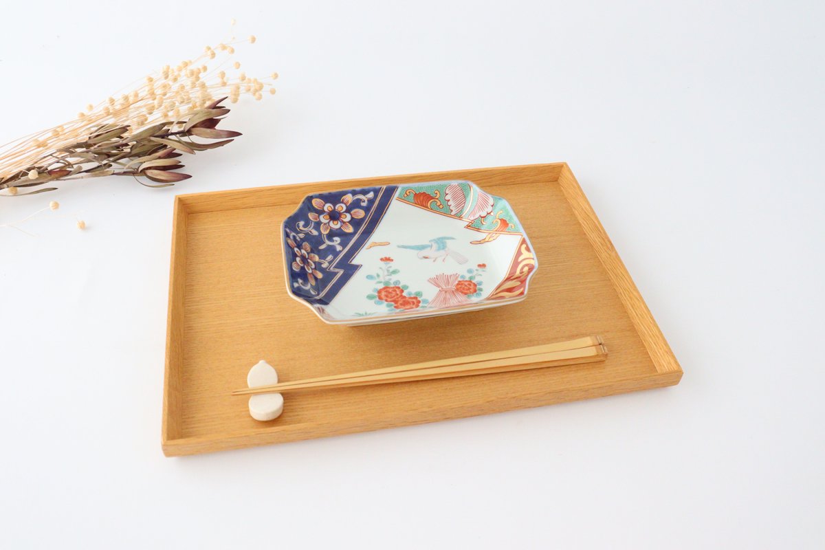 Corner plate, Kakine peony, porcelain, Rinkurou kiln, Hasami ware