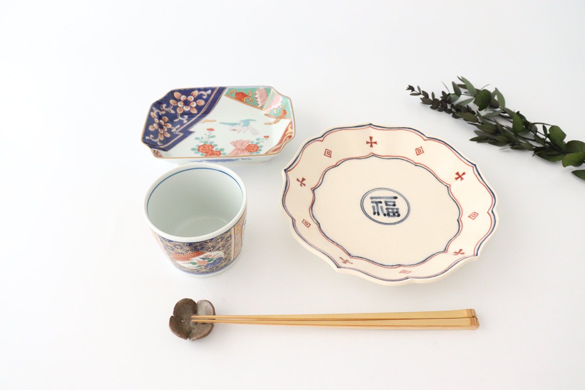 Corner plate, Kakine peony, porcelain, Rinkurou kiln, Hasami ware