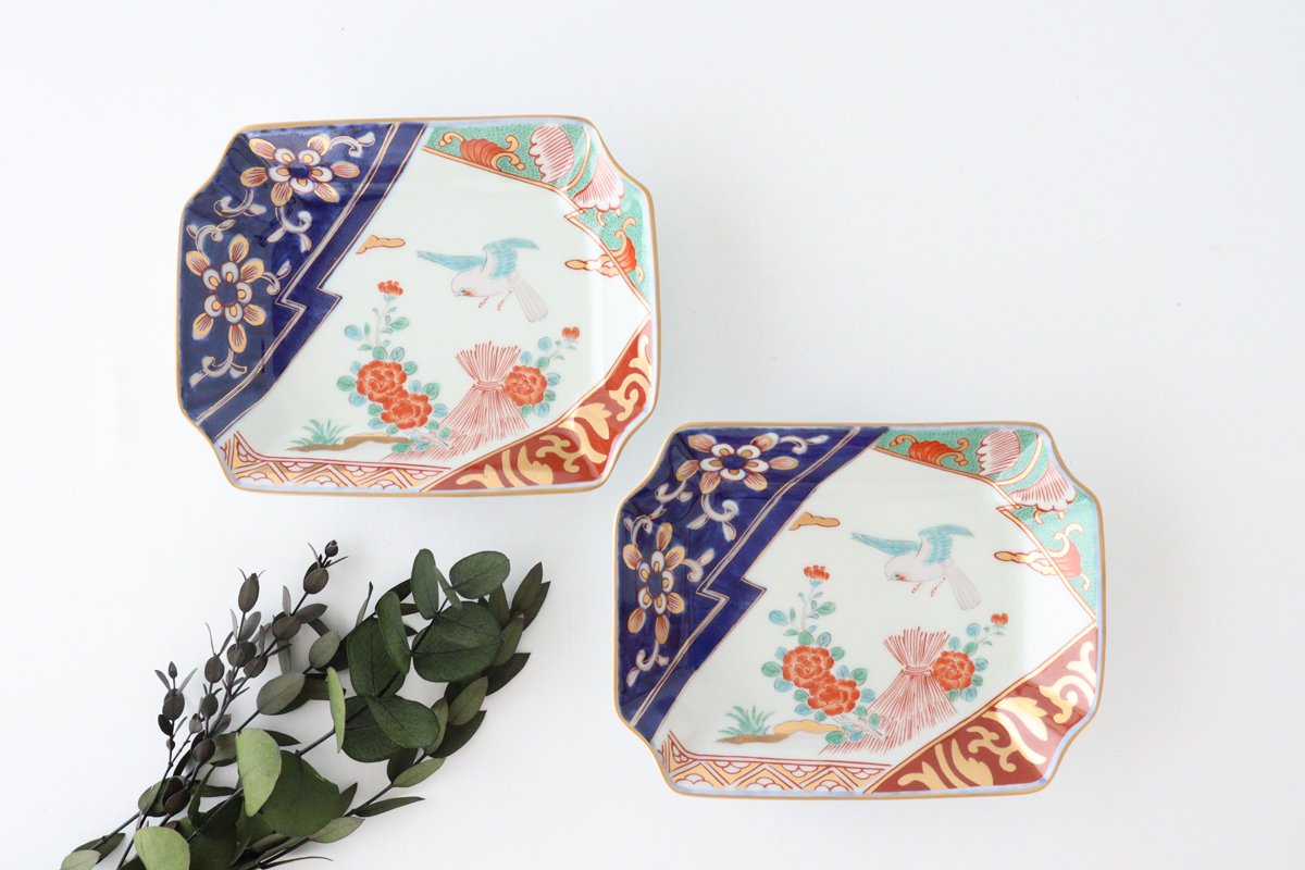 Corner plate, Kakine peony, porcelain, Rinkurou kiln, Hasami ware