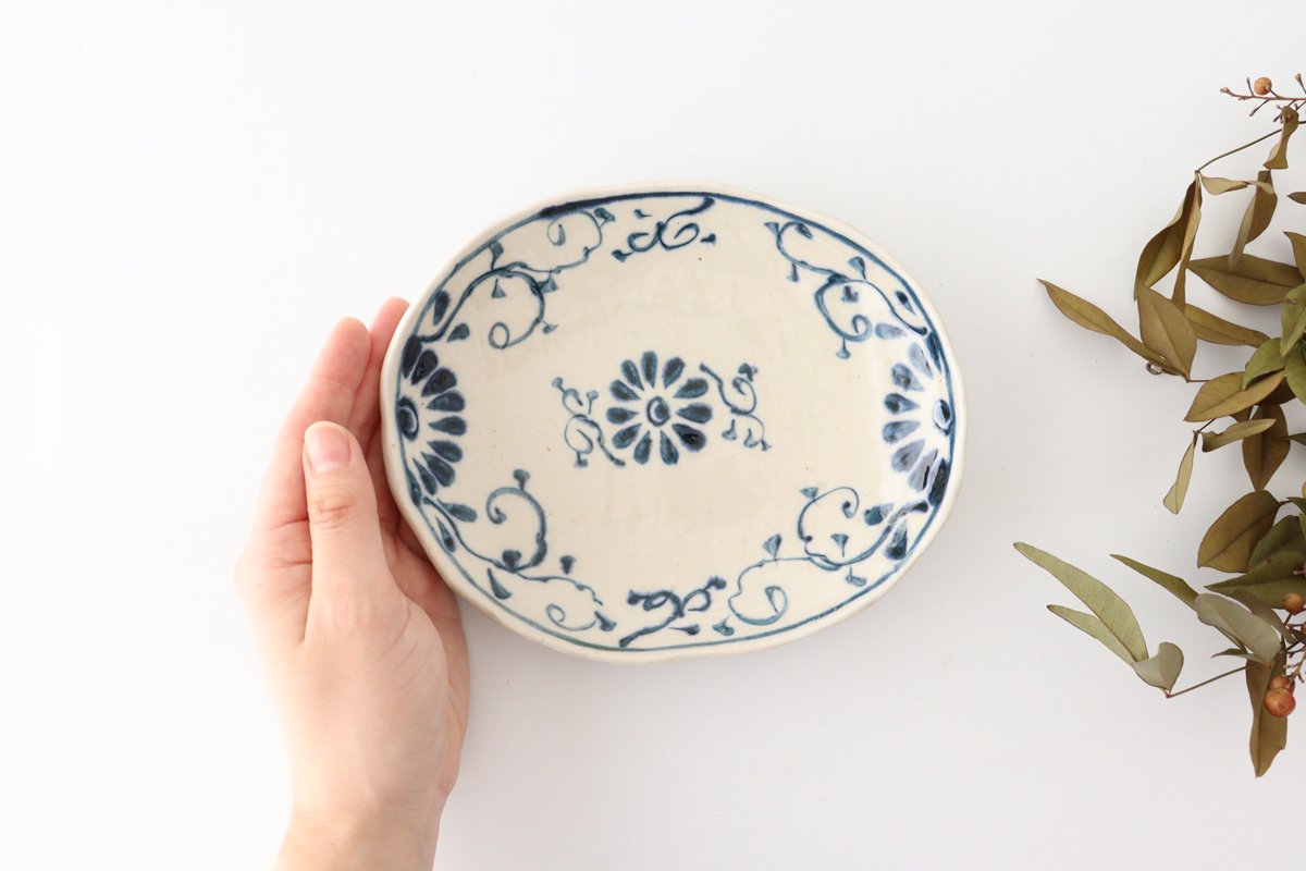 Oval Plate Blue Flower Annan | Mino Ware