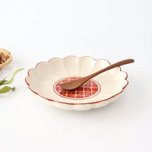 Red-colored chrysanthemum-shaped plate, porcelain, Mino ware
