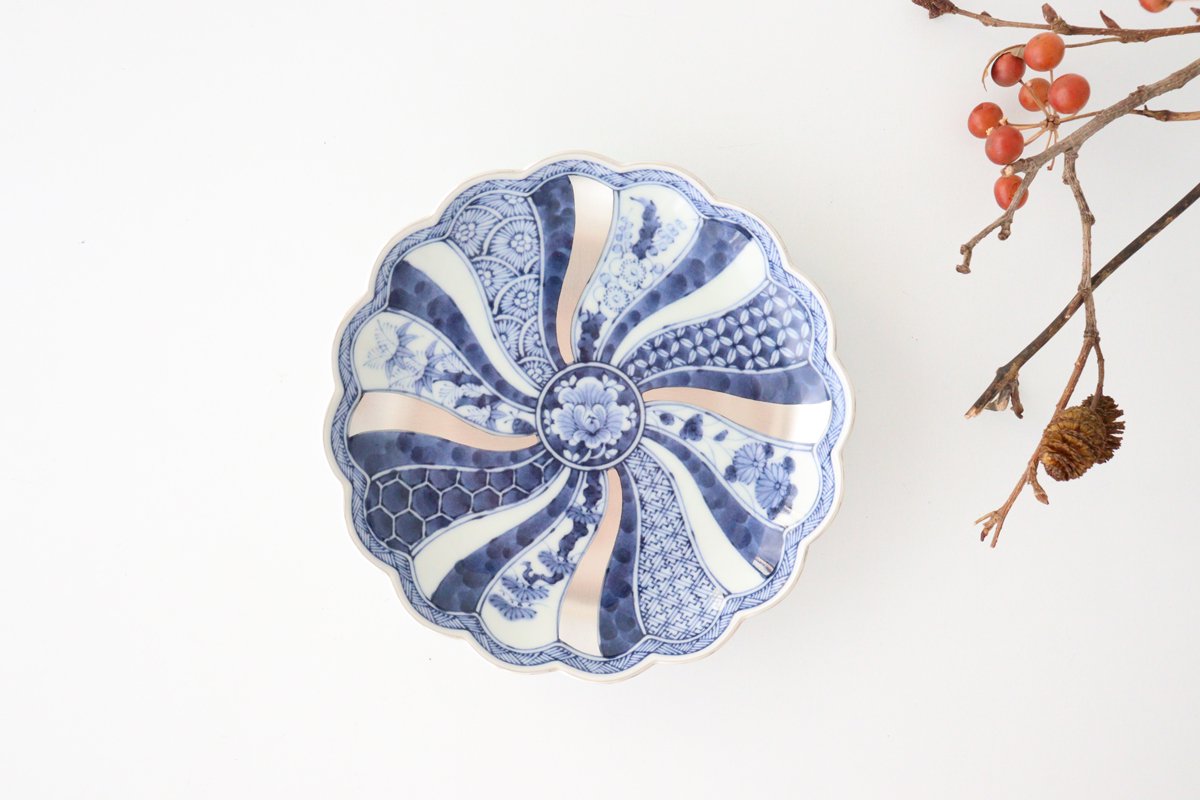 Rinkurou Kiln Chrysanthemum Shaped Plate Old Imari Pattern Blue&Silver 16cm/6.29in | Hasami Ware