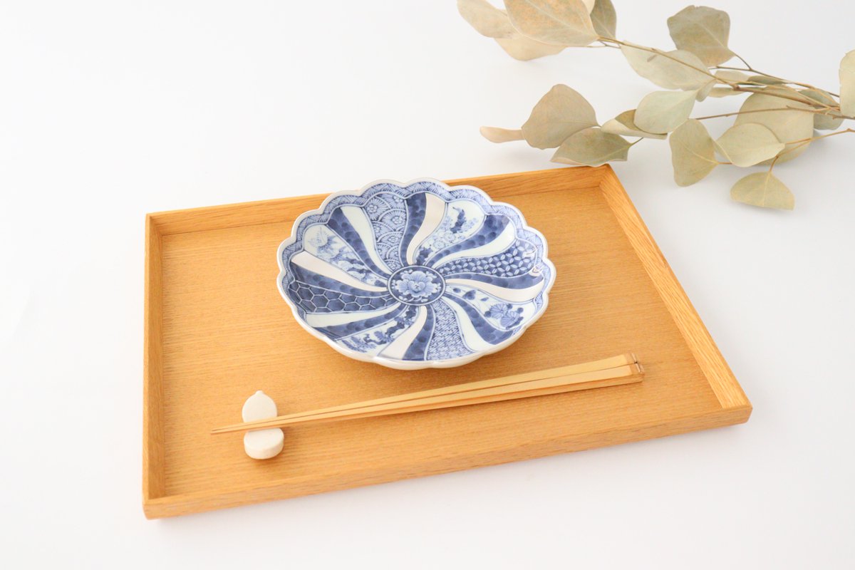 Rinkurou Kiln Chrysanthemum Shaped Plate Old Imari Pattern Blue&Silver 16cm/6.29in | Hasami Ware