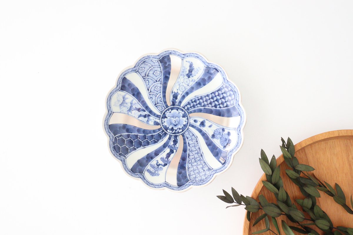 Rinkurou Kiln Chrysanthemum Shaped Plate Old Imari Pattern Blue&Silver 16cm/6.29in | Hasami Ware