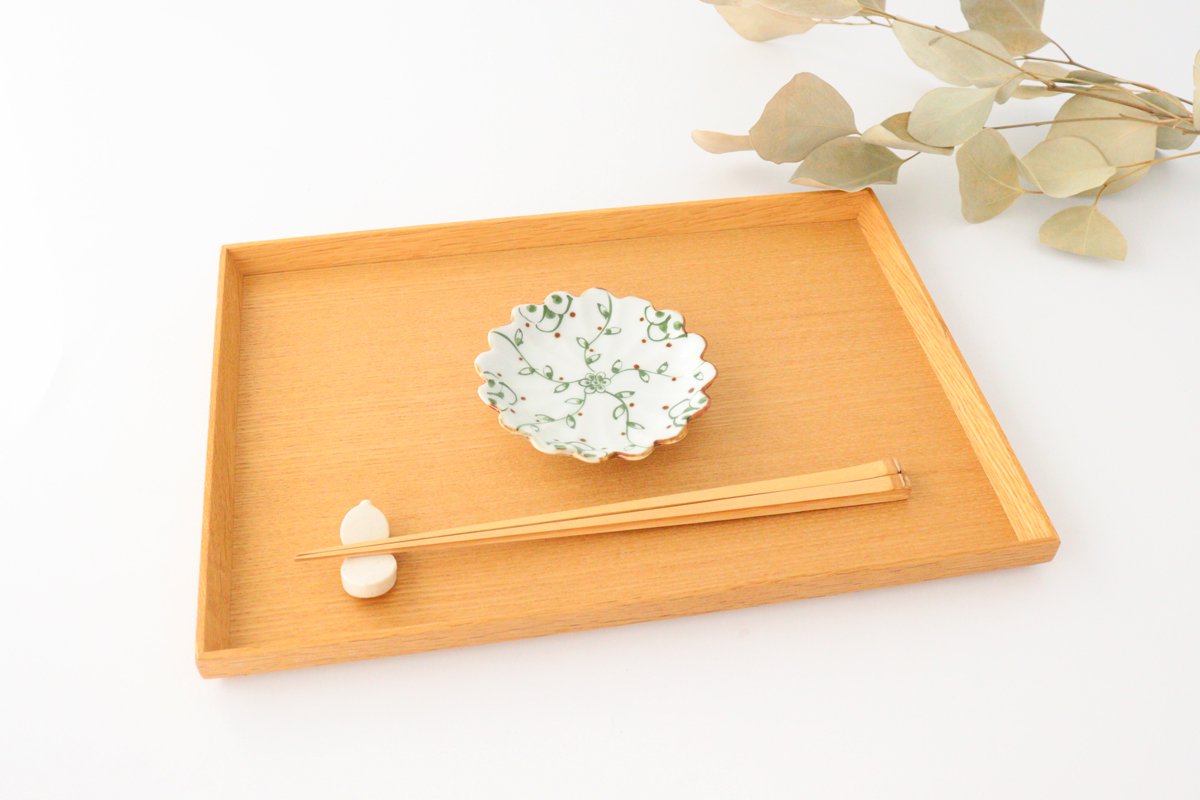 Flower-shaped salt plate, vine arabesque, green, porcelain, dyed, Arita ware