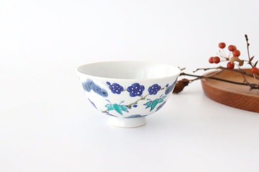 Colored tea bowl, Shochiku, plum, blue, porcelain, Imari ware