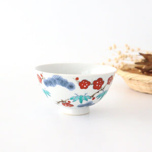 Colored tea bowl, Shochiku, plum, red, porcelain, Imari ware