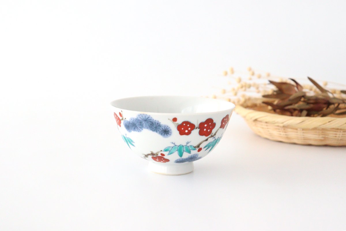 Colored tea bowl, Shochiku, plum, red, porcelain, Imari ware